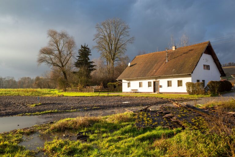A rustic countryside house with a sloping roof and surrounding trees under a cloudy sky in the background of grassy ground with pond in Austria